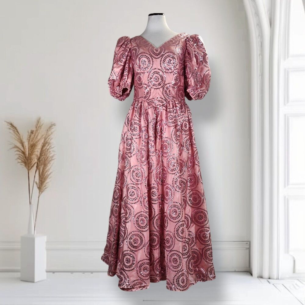 Vintage 80s Puff Sleeve Princess Formal Dress Size 12 Pink Sequin Fit Flare
